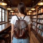 Leather backpack brown carried in library, showing vintage drawstring design and brass buckle closure