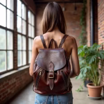 Real leather backpack lifestyle shot by window