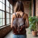 Leather backpack brown worn outdoors, featuring two-tone design with dual zipper pockets