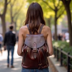 Woman wearing brown leather backpack outdoors