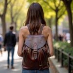 Leather backpack brown displayed in boutique setting, highlighting brass buckle and gray leather flap