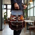 Hand holding dark brown leather kilim backpack by top handle showing brass hardware and geometric woven patterns