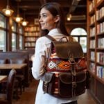 Woman wearing dark brown leather kilim backpack with geometric handwoven patterns indoors in a bookstore