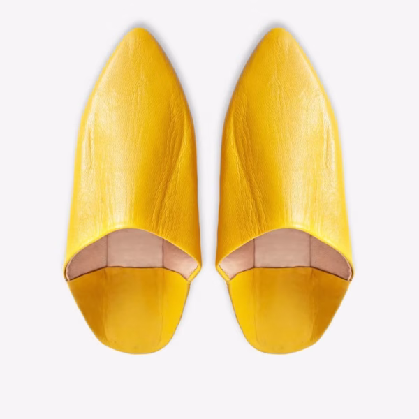 Yellow leather Moroccan babouche slippers front view