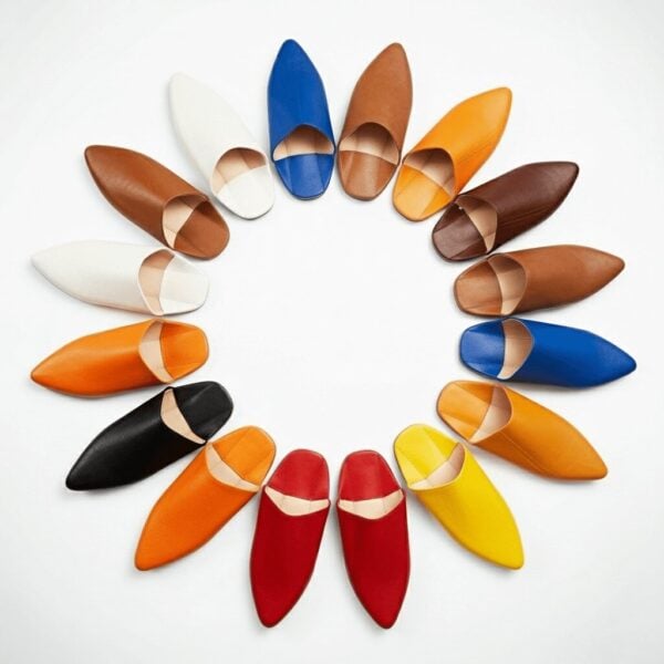 Moroccan leather slippers in vibrant colors arranged in sunburst pattern, handcrafted babouche footwear collection