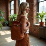 Woman wearing brown leather backpack purse in modern loft, showing adjustable straps and premium leather finish