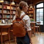 Woman in library with brown leather backpack purse, handcrafted vintage style with top handle