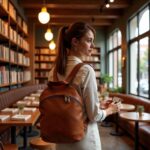 Brown leather backpack purse lifestyle shot in cafe, showing portable design with adjustable shoulder straps