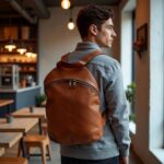 Brown leather backpack purse on man in casual setting, showing full-grain leather texture and zipper detail