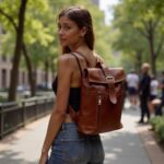 Woman in a park setting wearing a cognac brown leather rolltop backpack with buckle closure and front zip pockets