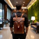 Man walking through a modern corridor carrying a cognac brown leather rolltop backpack with front zip pockets