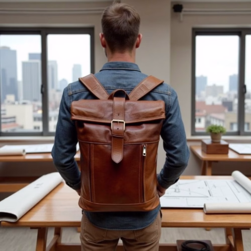 Man with leather rolltop backpack in creative workspace