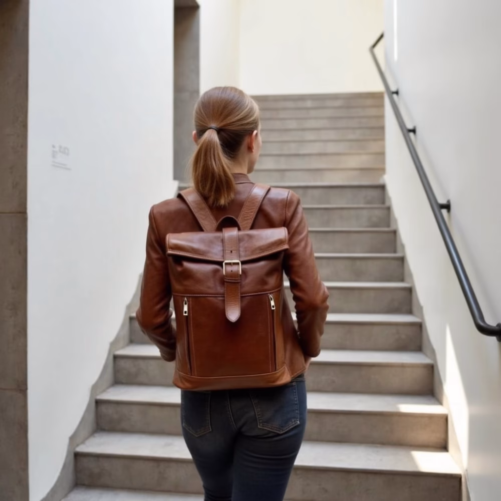 Model ascending stairs wearing brown leather backpack