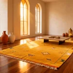 Cactus silk yellow rug in authentic Moroccan interior with terracotta pottery and warm lighting