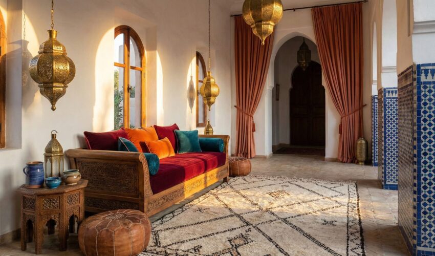 Moroccan-style living room with colorful cushions, geometric Berber rug, brass lanterns, leather pouf, and traditional zellige tile accents