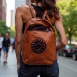 Athlete with leather backpack handmade in cognac featuring circular sun embossing and dark leather accents