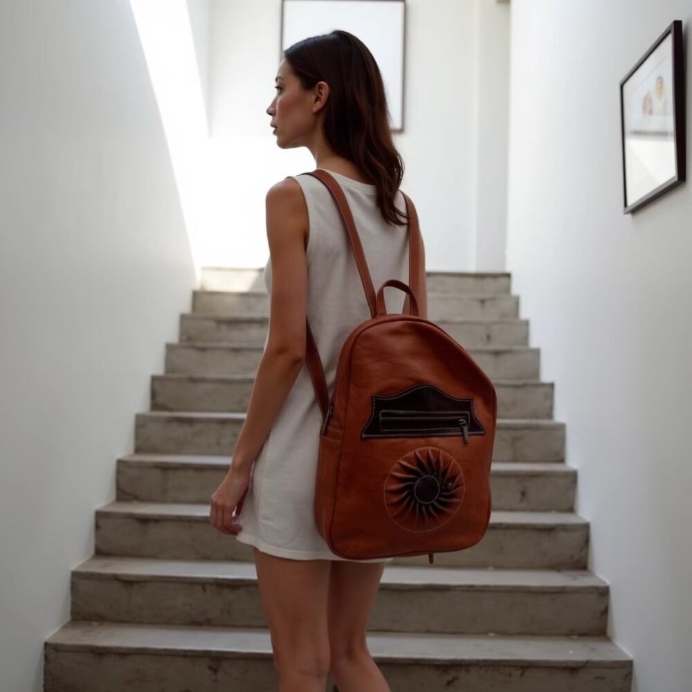 Handcrafted Genuine Leather Backpack Cognac Brown Boho Artisan Style Buy A Sheldon Leather Backpack | Roomy & 100% Real Leather main image 3
