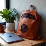 Cognac leather backpack handmade with sun embossing on desk next to laptop showing natural grain texture