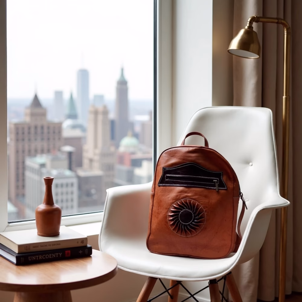 Handmade leather backpack displayed near city window view