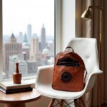 Handmade leather backpack in cognac with pleated sun detail displayed on modern chair by city window