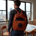 Student wearing cognac leather backpack handmade with distinctive pleated sun rosette in urban setting