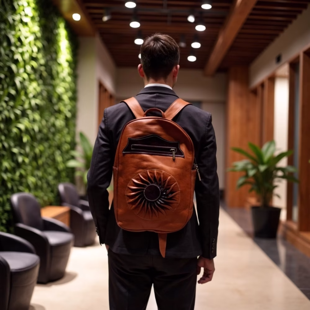 Man wearing brown leather sun-design backpack in office