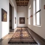Handwoven cactus silk runner rug featuring traditional Moroccan geometric motifs in hallway setting