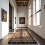 Handwoven brown cactus silk runner rug with Berber geometric design styled in a hallway