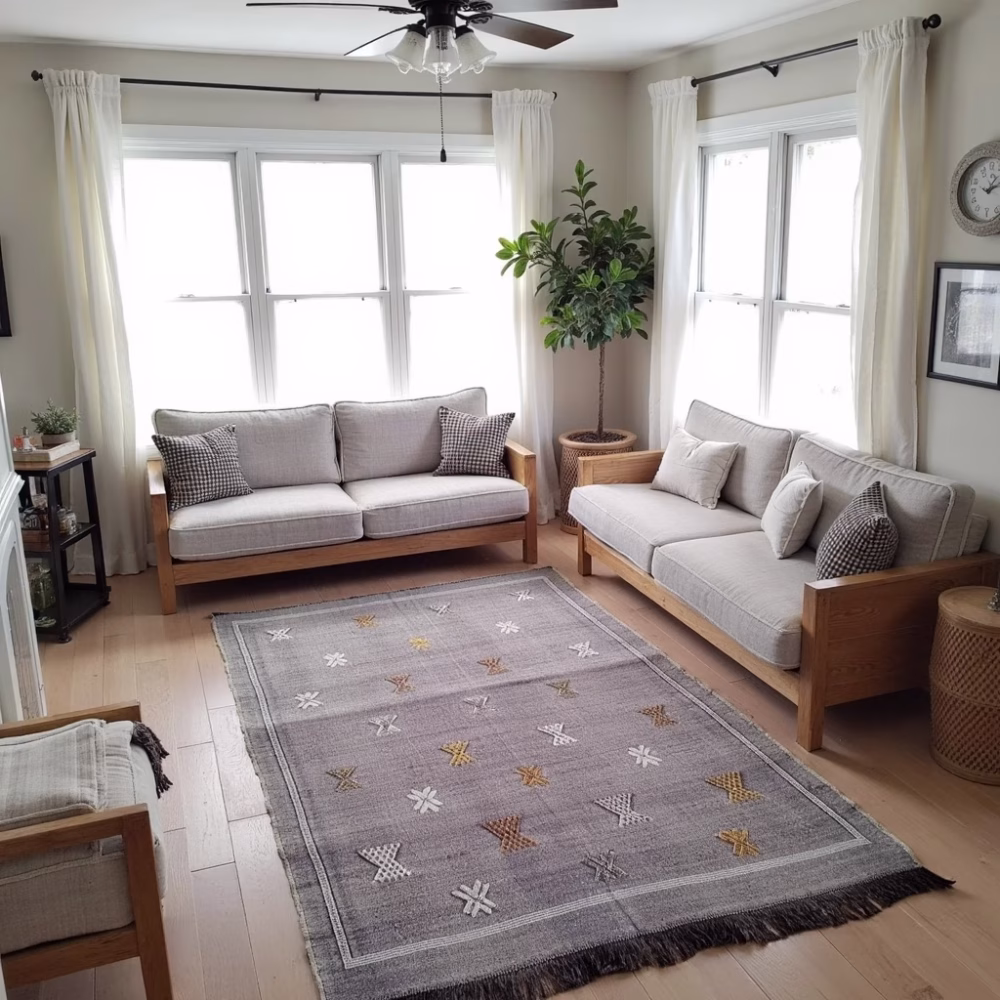 Handwoven purple cactus silk rug in modern living room with grey sectional sofa and natural lighting