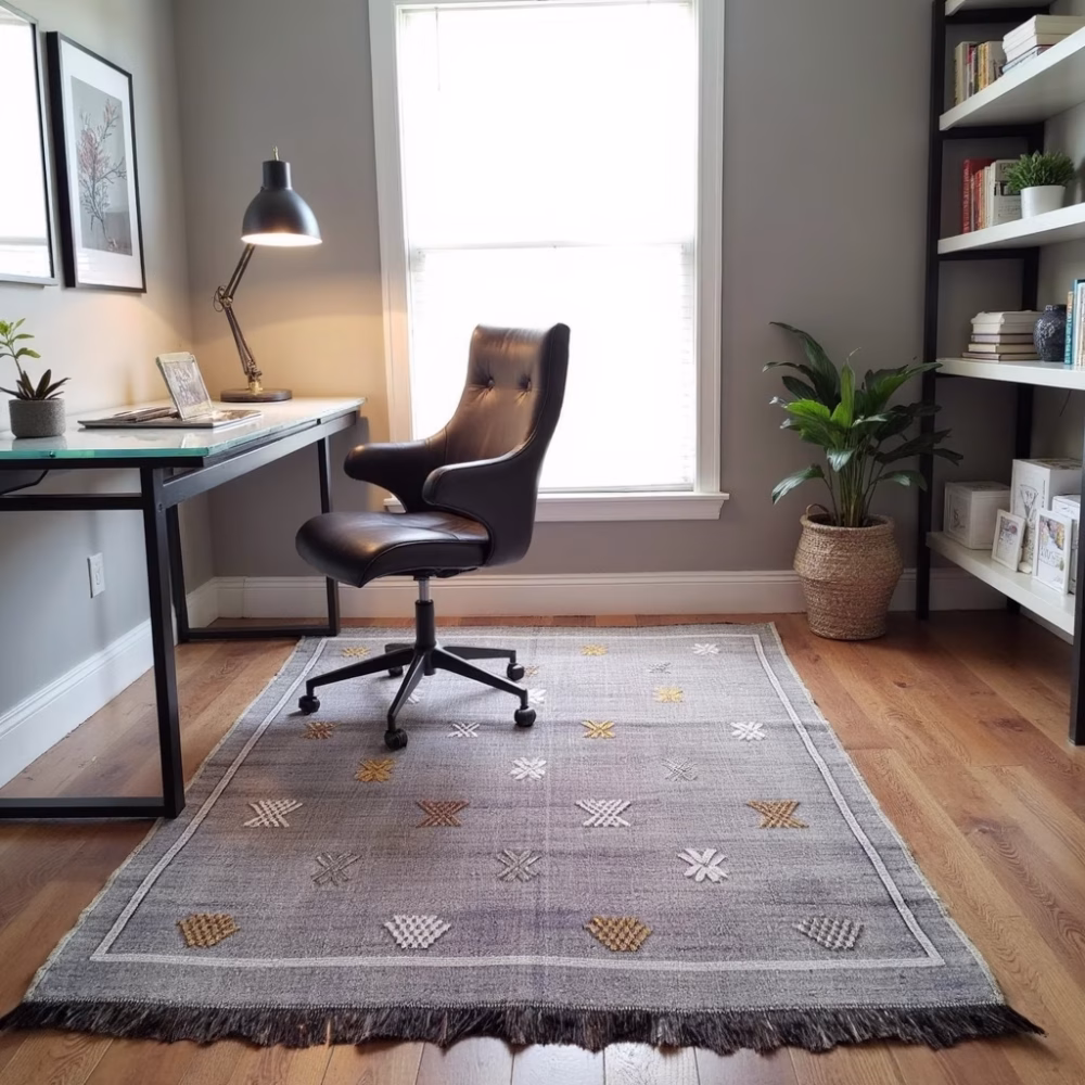 Purple cactus silk rug in modern home office setting with wooden desk and built-in shelving