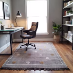 Purple cactus silk rug in modern home office setting with wooden desk and built-in shelving