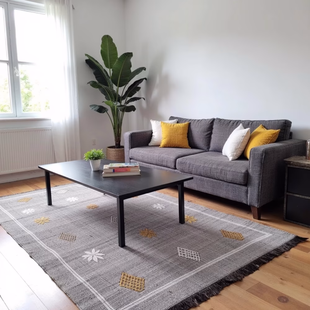 Moroccan purple cactus silk rug in stylish living room with grey sofa and yellow accent pillows