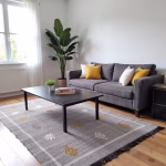 Moroccan purple cactus silk rug in stylish living room with grey sofa and yellow accent pillows