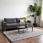 Moroccan cactus silk rug in contemporary living room with gray sofa, handwoven Sabra textile 100x150cm