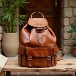 Brown leather buckle backpack on white chair by window, featuring handcrafted vintage laptop bag design