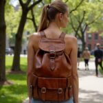 Woman outdoors with brown leather buckle backpack featuring vintage buckles and adjustable shoulder straps