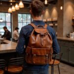 Man in cafe with brown leather buckle backpack, displaying handcrafted laptop bag with front pocket