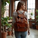 Woman wearing brown leather buckle backpack in loft, showing adjustable straps and vintage style design