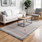 Premium cactus rug with white border in modern living room featuring coffee table and beige sofa