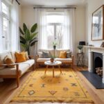 Yellow cactus silk rug with Berber symbols displayed in modern living room with orange accents