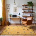 Handwoven cactus silk yellow rug featuring traditional Moroccan geometric patterns in contemporary home office