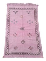 Pink Moroccan rug 3x5 full view - handwoven sabra silk with symmetrical tribal patterns and fringe