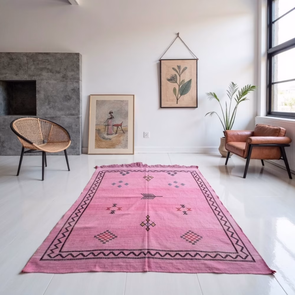 Moroccan sabra rug in modern interior setting with neutral furniture and artistic wall decor