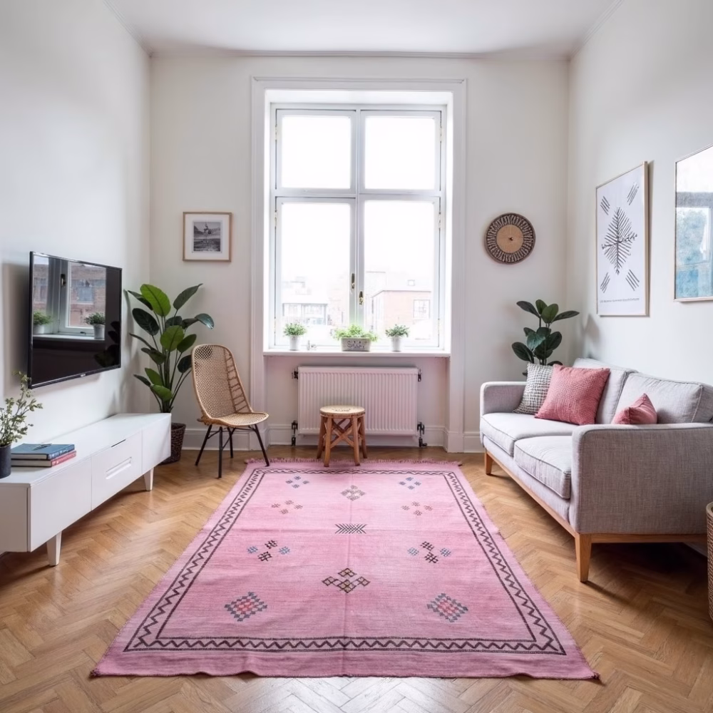 Pink moroccan sabra rug positioned in contemporary living room with white sofa and natural lighting
