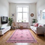 Pink Moroccan rug 3x5 displayed in modern living room with geometric patterns and border design