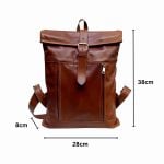 Front view of a brown Leather Rolltop Backpack displaying its dimensions: 28 cm in width, 38 cm in height, and 8 cm in depth. The bag features a roll-top closure secured by a central buckle strap, a vertical zippered pocket on the front, and visible stitching details.