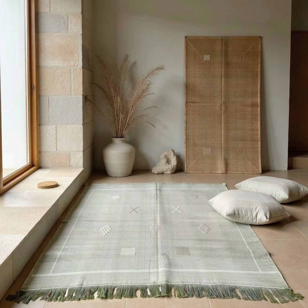 Handwoven green cactus silk rug in modern minimalist bedroom with natural lighting and wooden furniture
