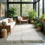 Green Moroccan rug in sunroom with rattan furniture and plants, showing natural texture