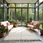 Green cactus silk rug in glass conservatory with wooden furniture and garden views