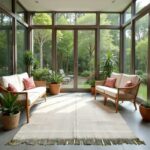 Green Moroccan rug in bright conservatory with wicker chairs and botanical decor